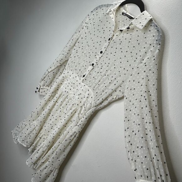 Zara Cream Black Dotted Swiss Long Sleeve 1/2 Button Collared Ruffle Hem Dress - Picture 6 of 14
